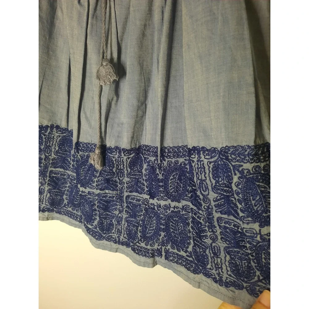 J.Crew Blue Chambray Embroidered Mini Skirt Smocked Waist Tassel Cotton Small